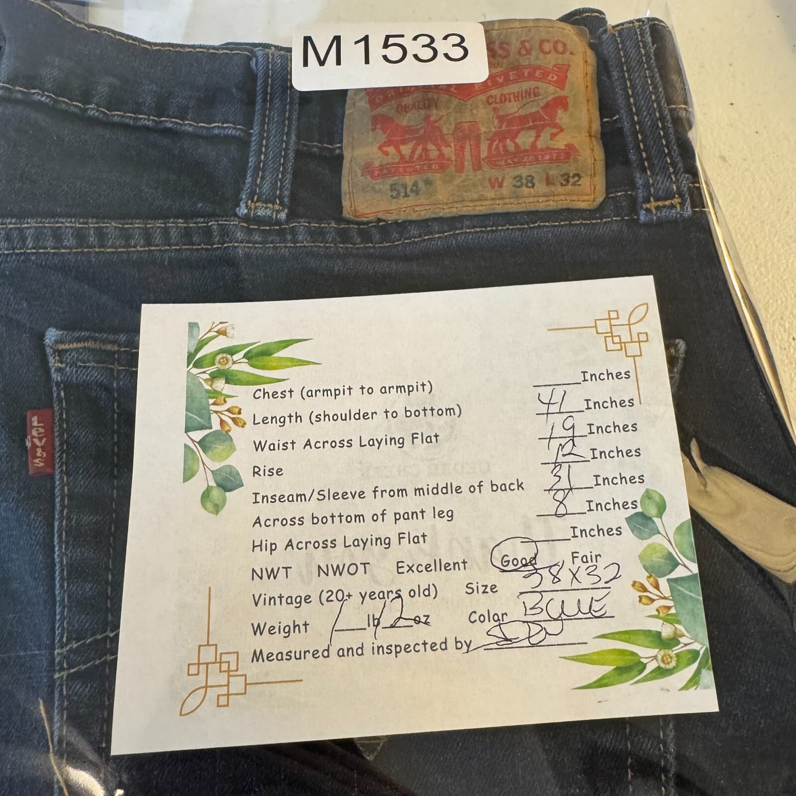 Levi's 514 Men's Jeans 38x32 Blue Denim Straight Fit Mid Rise 100% Cotton - Thumbnail 8