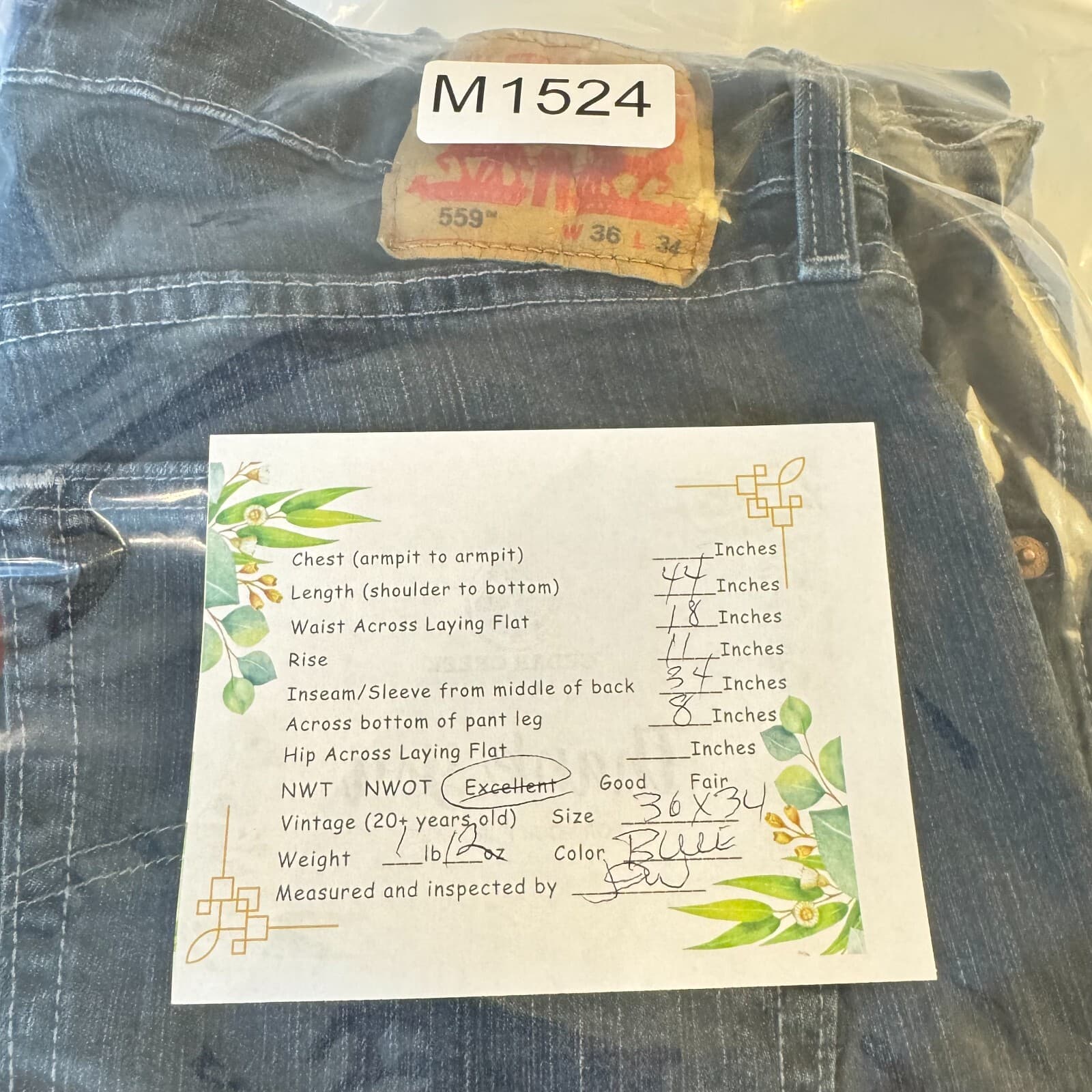 Levi's 559 Men's Jeans 36x34 Blue Denim Relaxed Fit High-Rise Straight Leg - Thumbnail 8