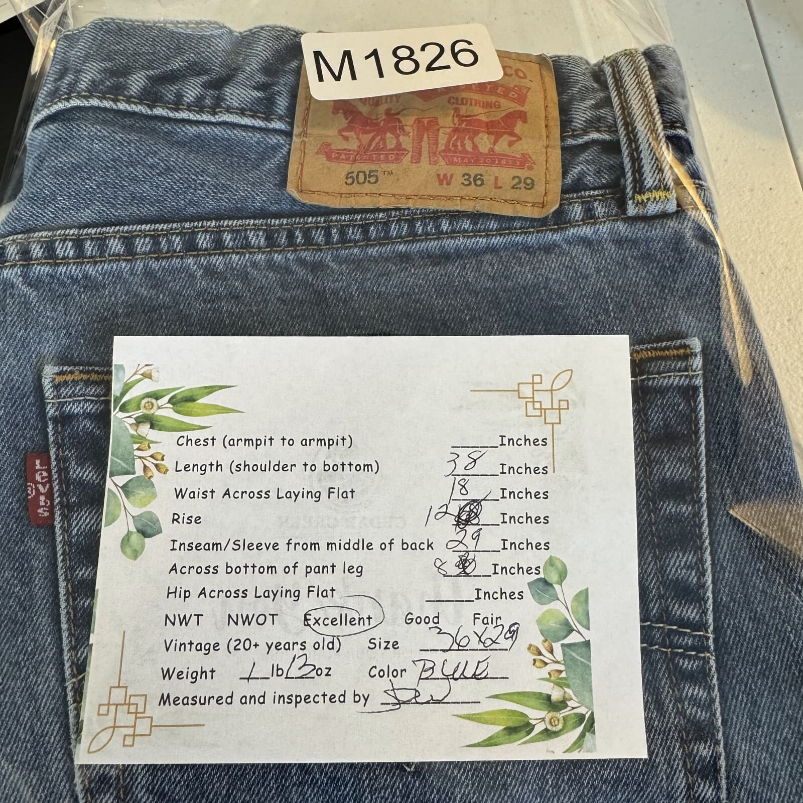 Levi's 505 Mens Jeans 36x29 Blue Denim Mid-Rise Regular Fit Straight Leg - Thumbnail 4