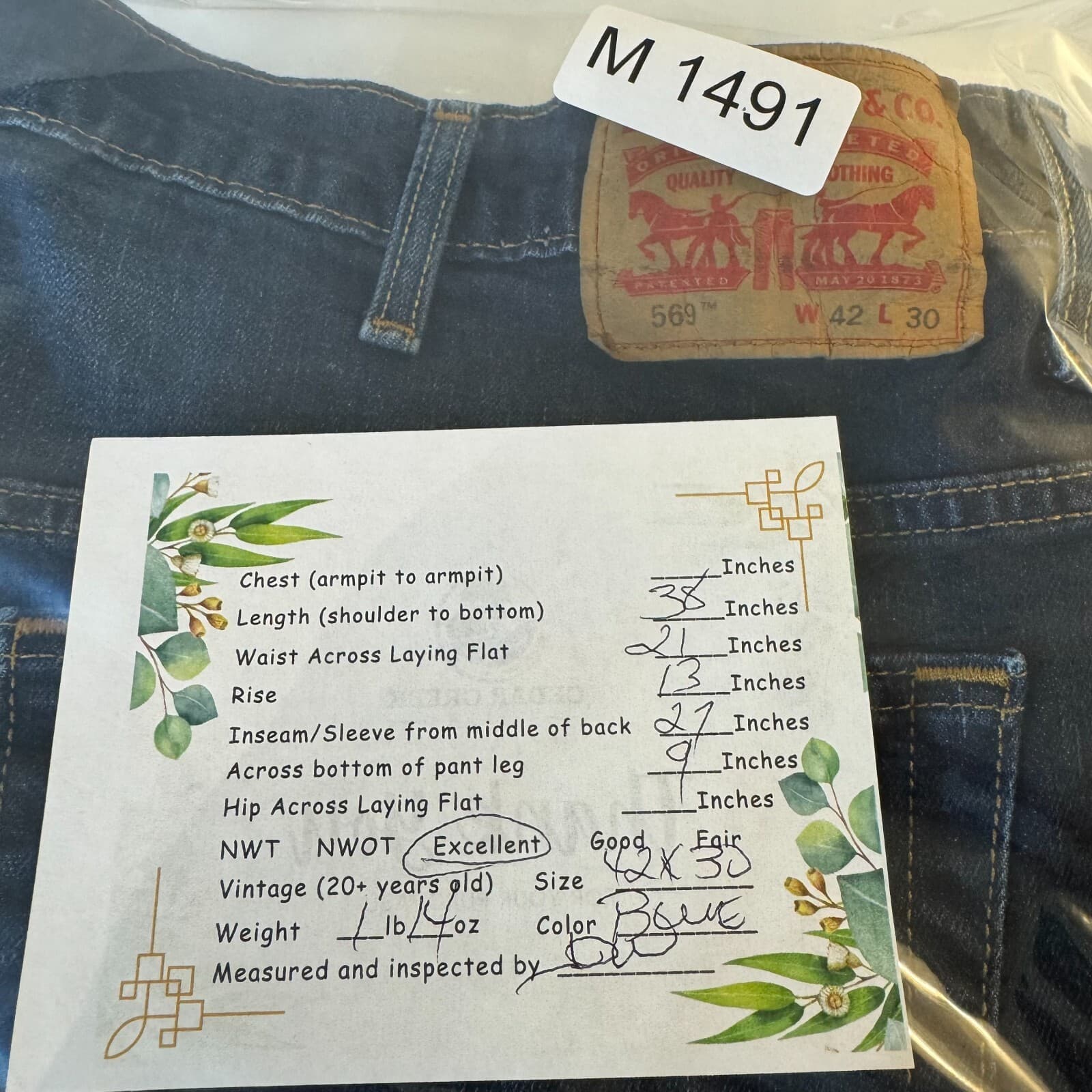 Levi's 569 Men's Jeans 42x30 Blue Denim Loose Fit Mid-Rise Straight Leg - Thumbnail 9