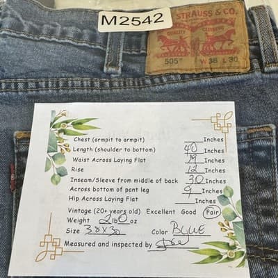 Levis 505 Jeans Mens 38x30 Blue Medium Wash Straight Leg Distressed Denim Pants - Thumbnail 9