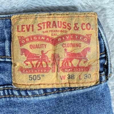 Levis 505 Jeans Mens 38x30 Blue Medium Wash Straight Leg Distressed Denim Pants - Thumbnail 3