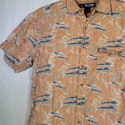 Reel Legends Shirt Mens Medium Orange Fish Print Button Up Short Sleeve Vented - Thumbnail 4