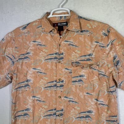 Reel Legends Shirt Mens Medium Orange Fish Print Button Up Short Sleeve Vented - Thumbnail 5