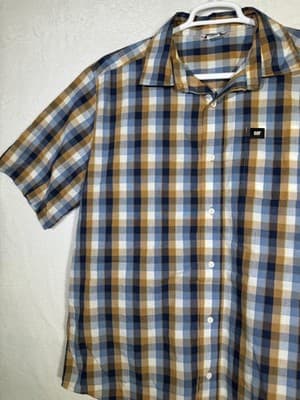 Caterpillar Shirt Mens XL Blue Brown Plaid Short Sleeve Button Up Workwear - Thumbnail 4