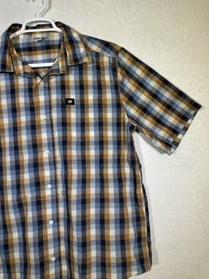 Caterpillar Shirt Mens XL Blue Brown Plaid Short Sleeve Button Up Workwear - Thumbnail 6
