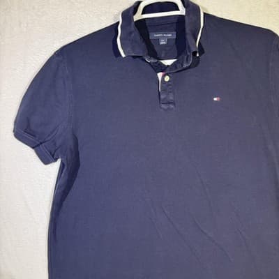 Tommy Hilfiger Polo Shirt Mens Large Navy Blue Classic Fit Short Sleeve Cotton - Thumbnail 4