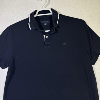 Tommy Hilfiger Polo Shirt Mens Large Navy Blue Classic Fit Short Sleeve Cotton - Thumbnail 5