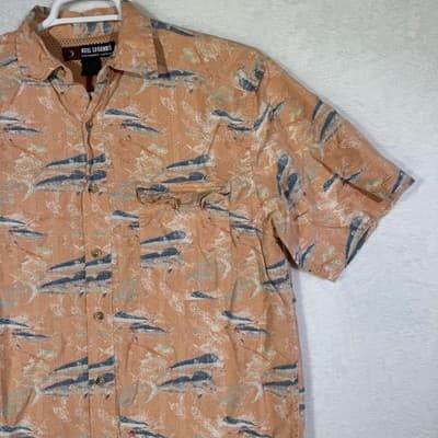 Reel Legends Shirt Mens Medium Orange Fish Print Button Up Short Sleeve Vented - Thumbnail 6