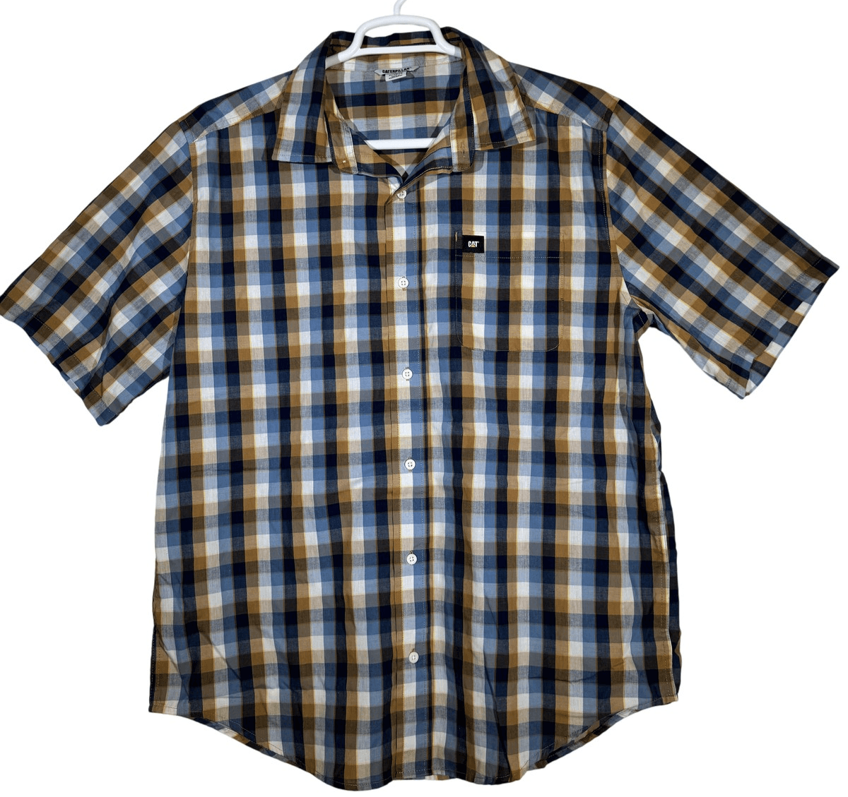 Caterpillar Shirt Mens XL Blue Brown Plaid Short Sleeve Button Up Workwear - Image 1