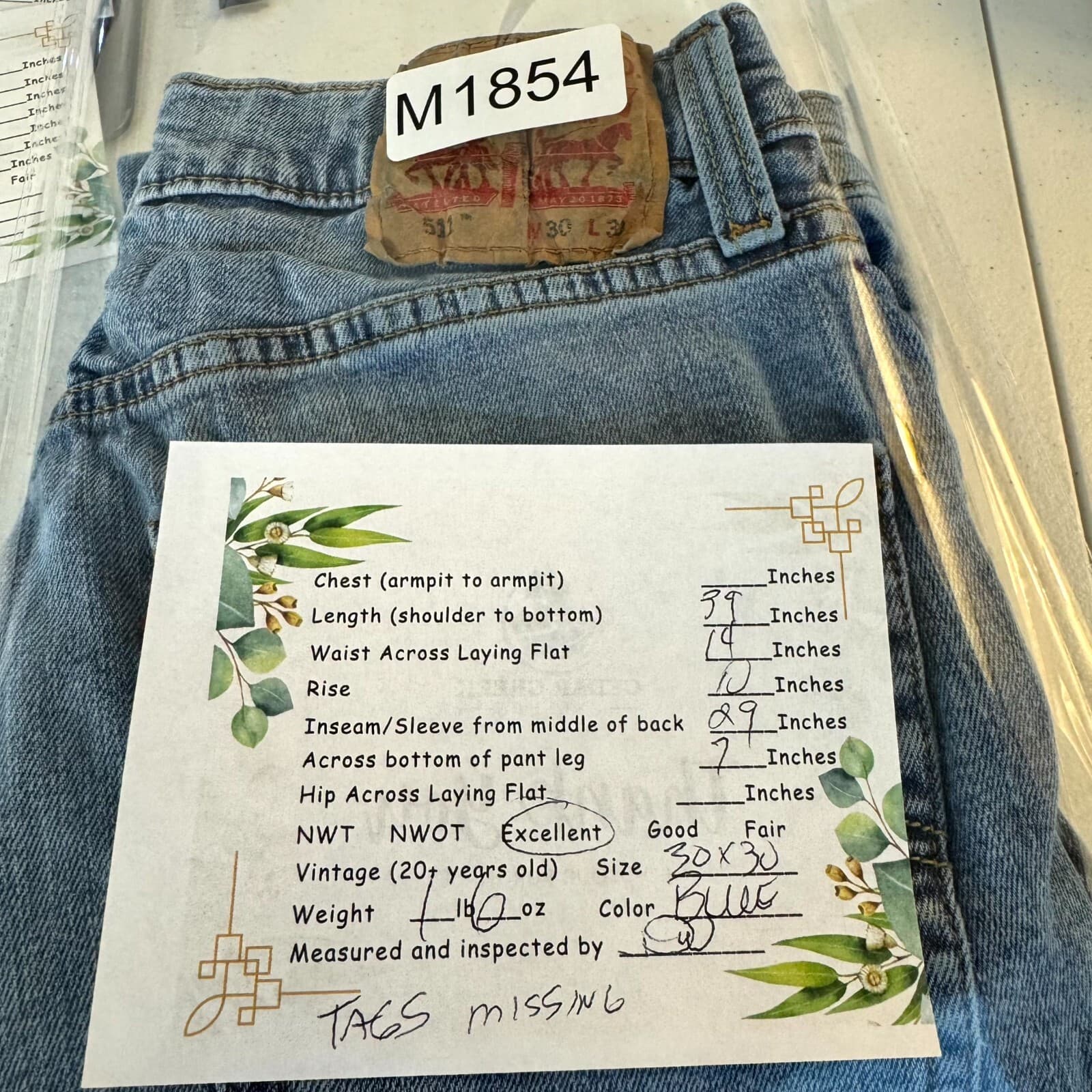 Levi's 511 Men's Jeans 30x30 Blue Denim Mid-Rise Slim Straight - Thumbnail 4