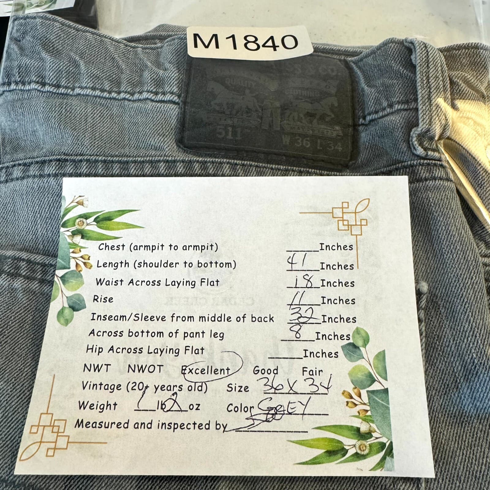 Levi's 511 Men's Jeans 36x34 Gray Denim Stretch Slim Fit Mid-Rise Straight - Thumbnail 5