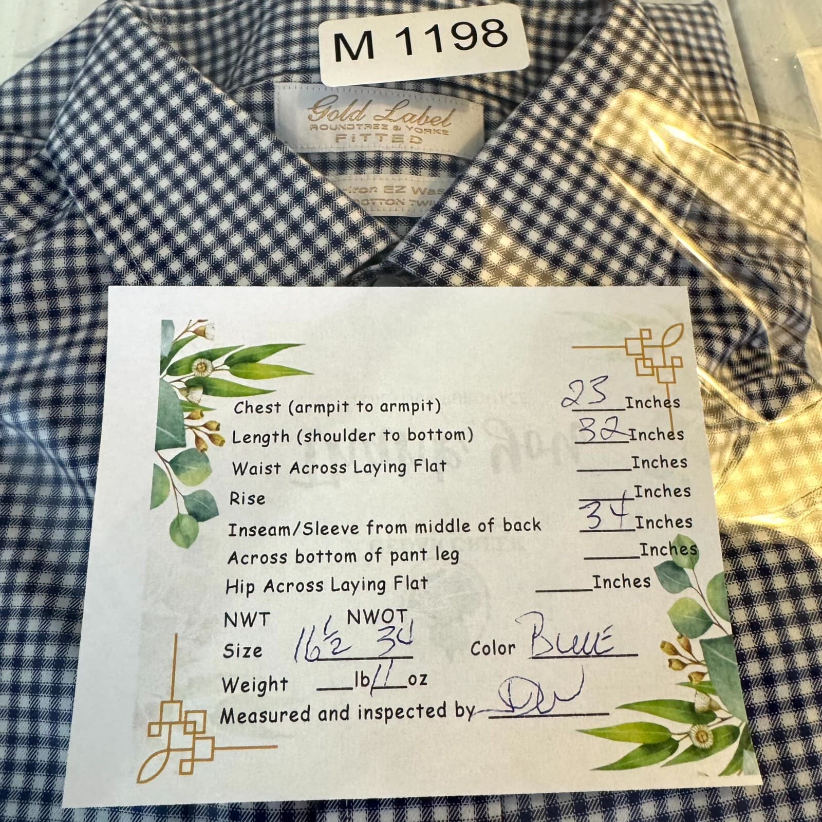 Gold Label Men’s Dress Shirt 16.5×34 Blue Check Fitted 100% Cotton Formal - Thumbnail 14