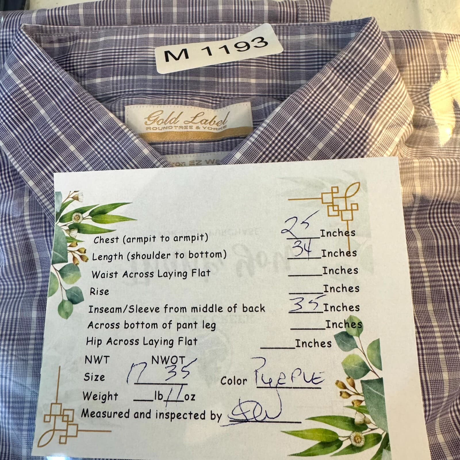 Gold Label Men’s Dress Shirt 17×35 Purple Plaid Cotton Long Sleeve Oxford - Thumbnail 9