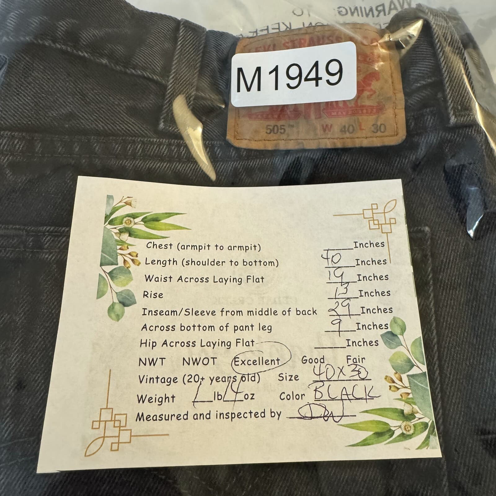 Levi's 505 Men's Jeans 40x30 Black Denim Regular Fit Straight Leg - Thumbnail 8