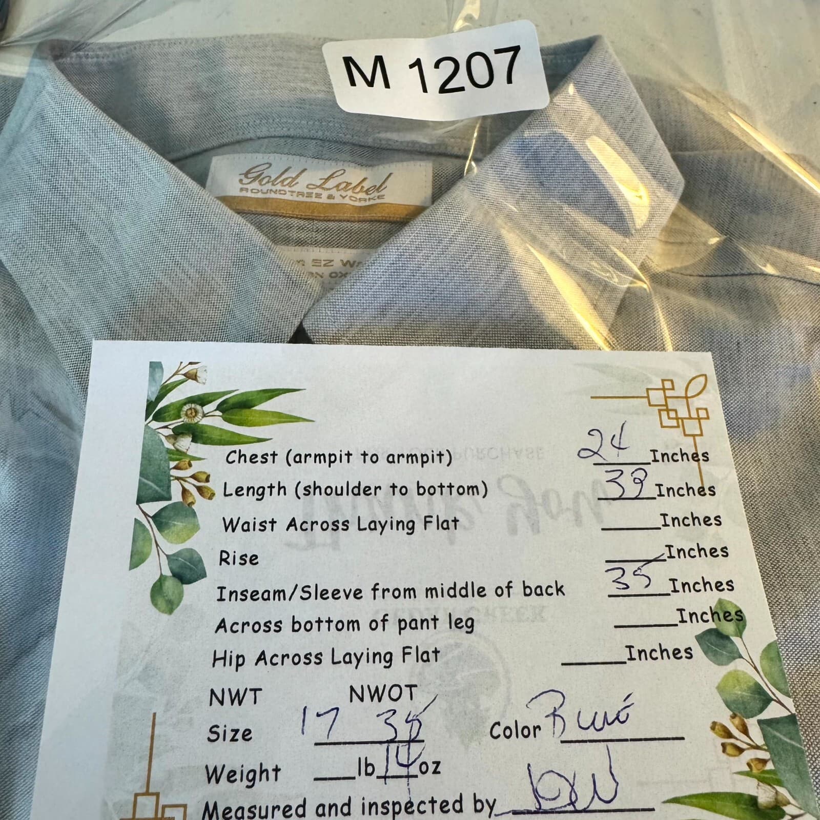 Gold Label Men’s Dress Shirt 17×35 Blue 100% Cotton Long Sleeve Formal - Thumbnail 9