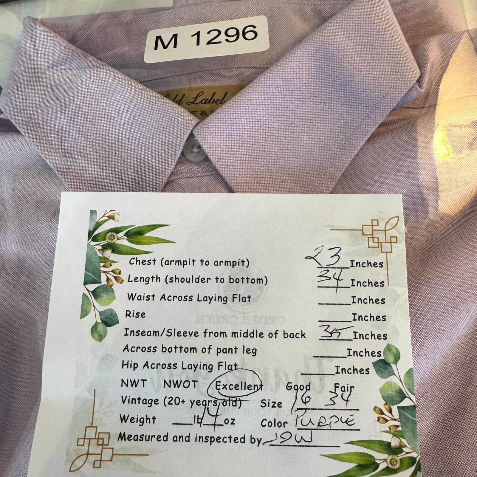 Gold Label Men’s Dress Shirt 16×34 Light Purple 100% Cotton Long Sleeve Formal - Thumbnail 9