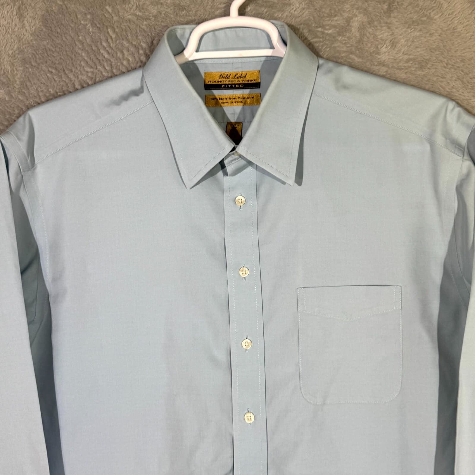 Gold Label Men’s Dress Shirt 17.5×35 Blue Cotton Fitted Long Sleeve Formal - Thumbnail 4