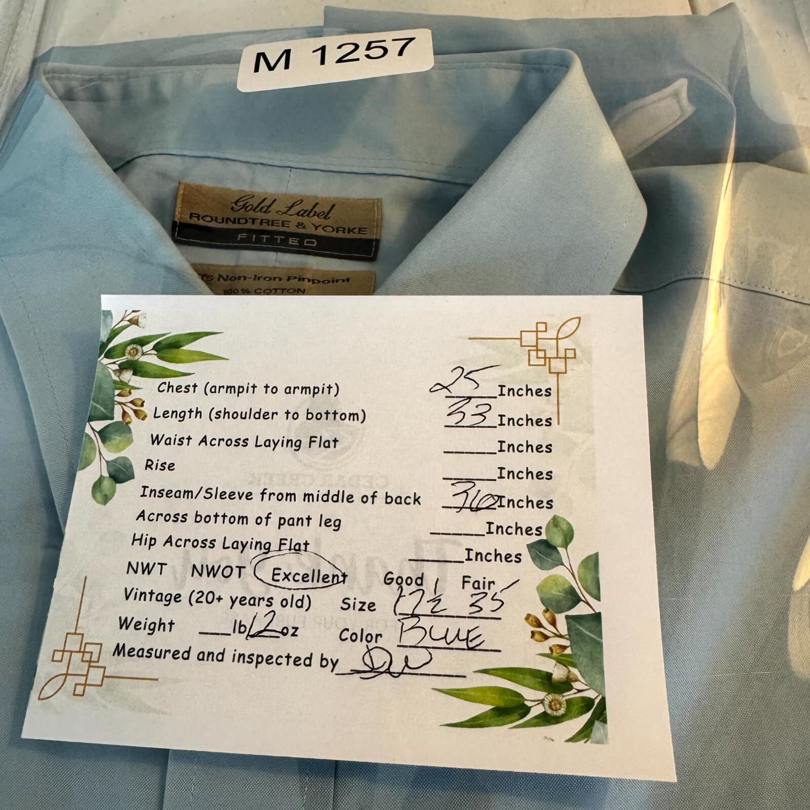 Gold Label Men’s Dress Shirt 17.5×35 Blue Cotton Fitted Long Sleeve Formal - Thumbnail 9