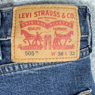 Levis 505 Jeans Mens 38x32 Blue Stretch Straight Leg Denim Medium Wash Pants - Thumbnail 3