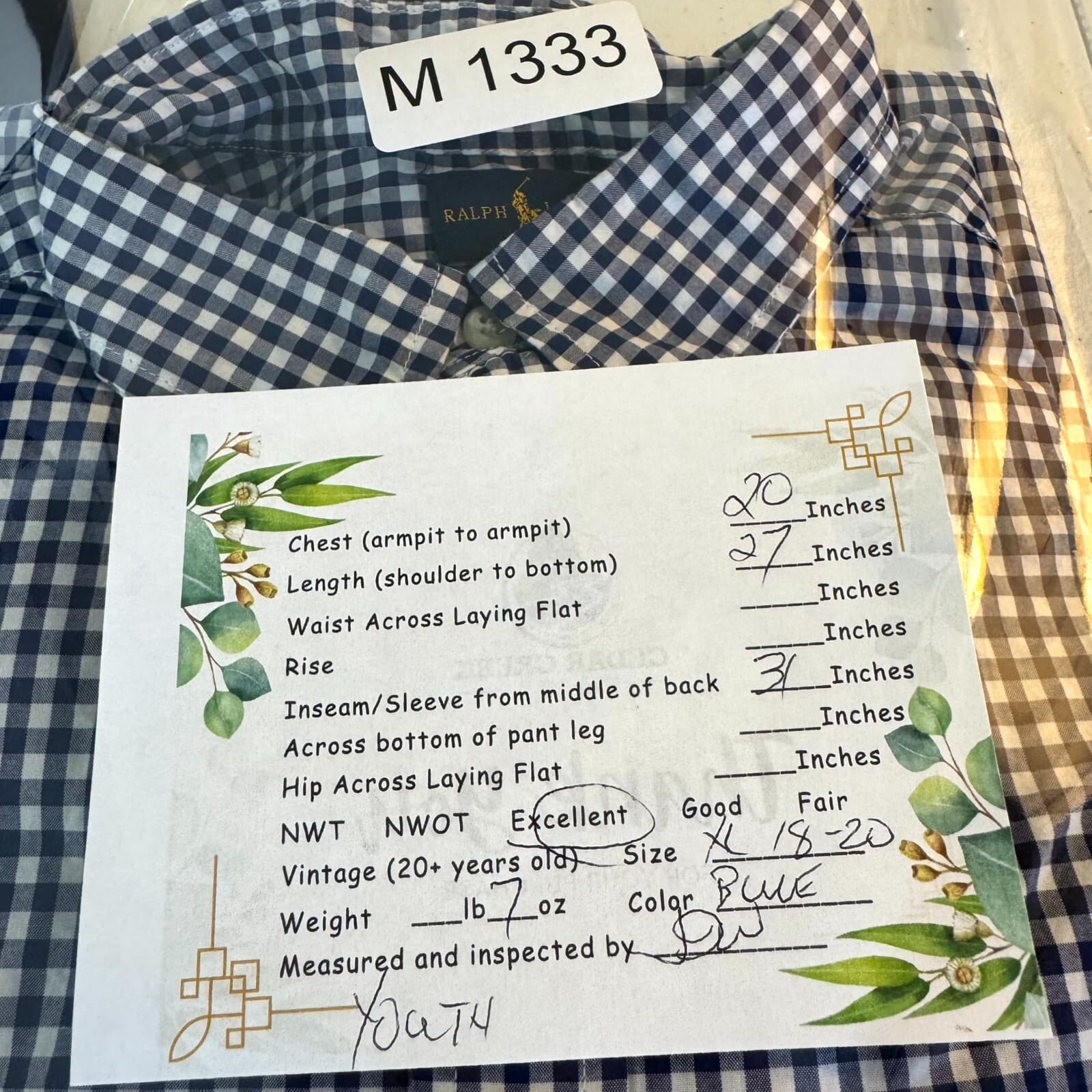 Ralph Lauren Boys Button Down Shirt XL 18–20 Blue Check 100% Cotton - Thumbnail 9