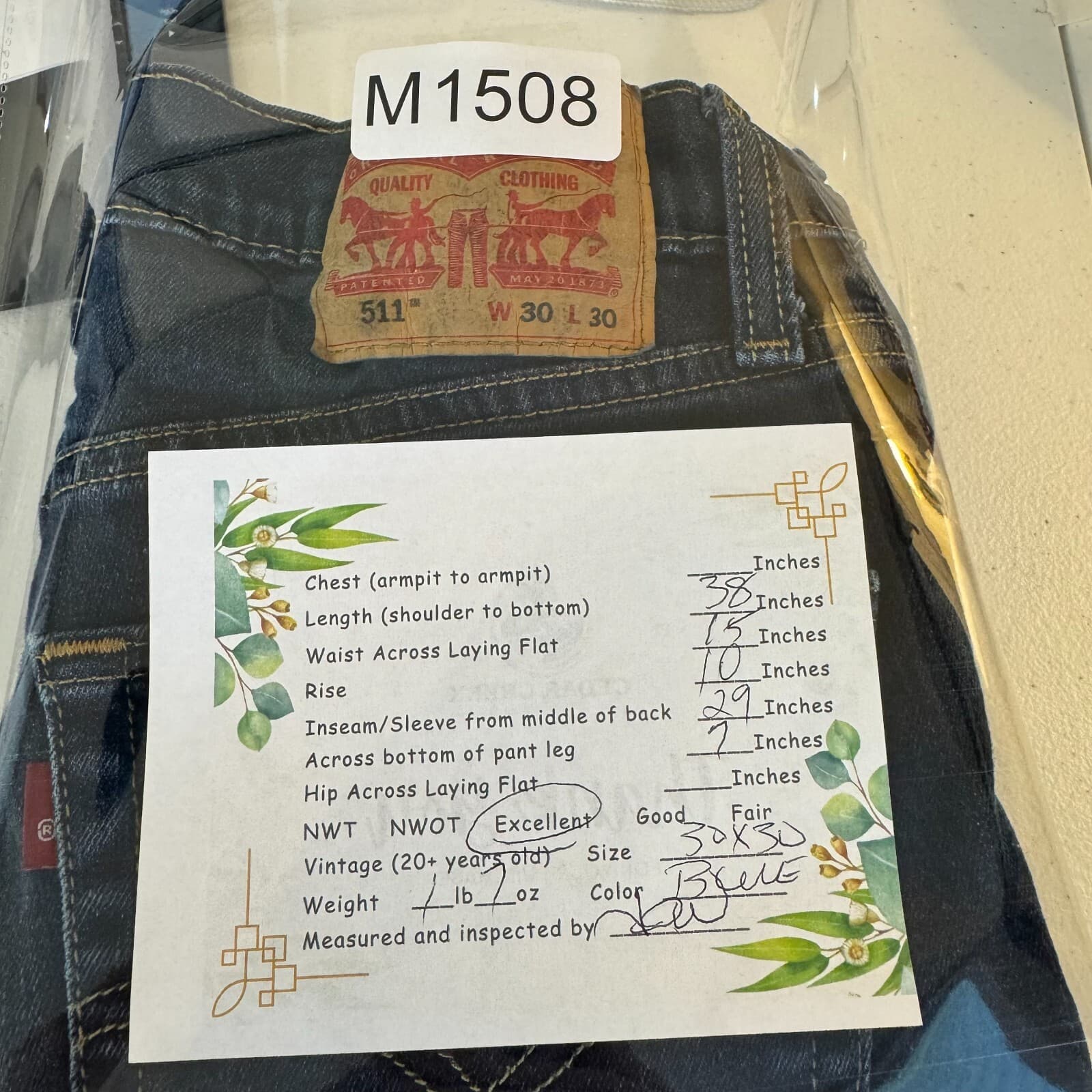 Levis 511 Mens Jeans 30x30 Blue Stretch Denim Medium Wash Straight Leg - Thumbnail 9