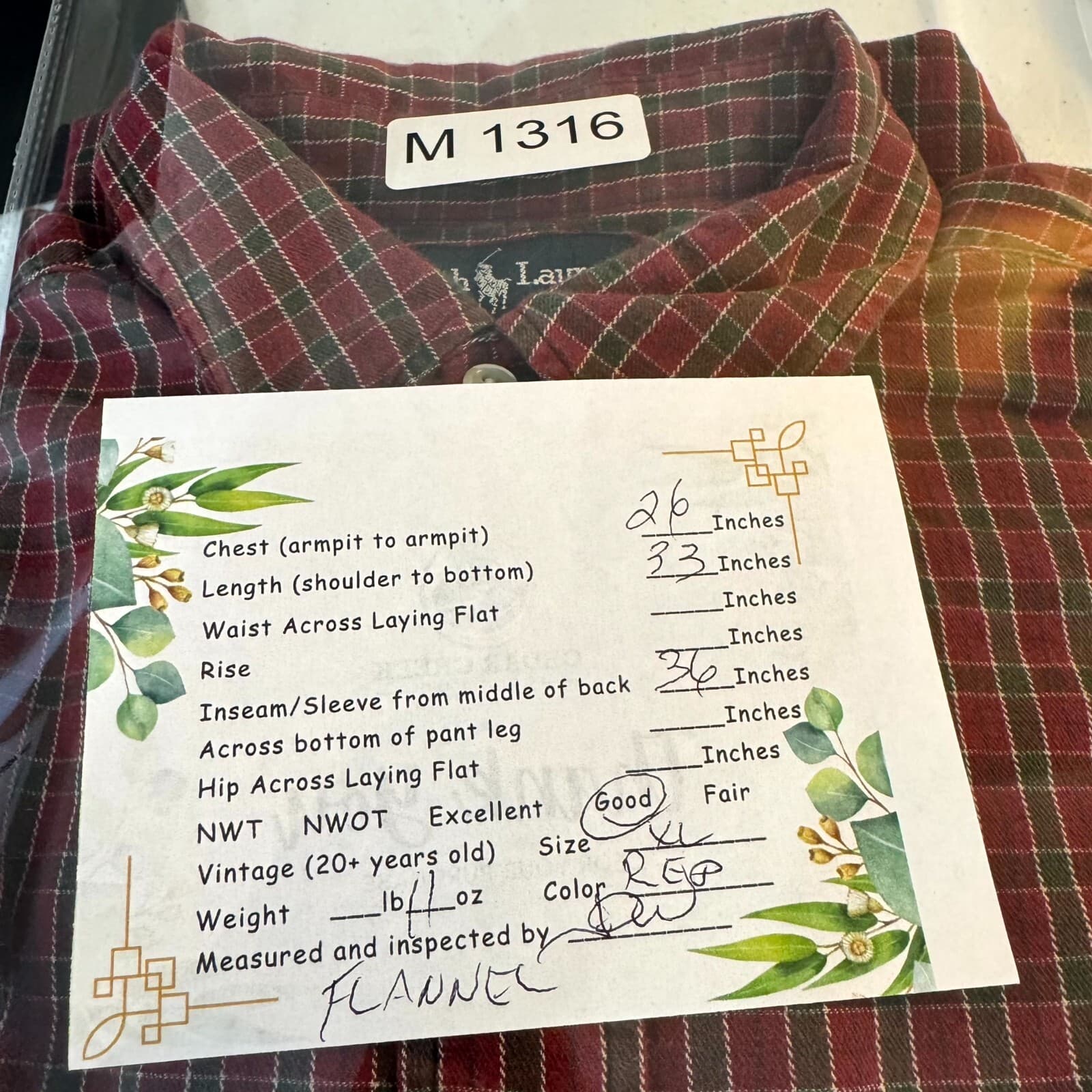 Ralph Lauren Blair Men’s Flannel Shirt XL Red Plaid 100% Cotton Button Down - Thumbnail 9