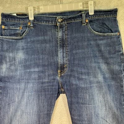 Levis Jeans Mens 42x30 Blue Stretch Denim Straight Leg Whiskered Casual - Thumbnail 2