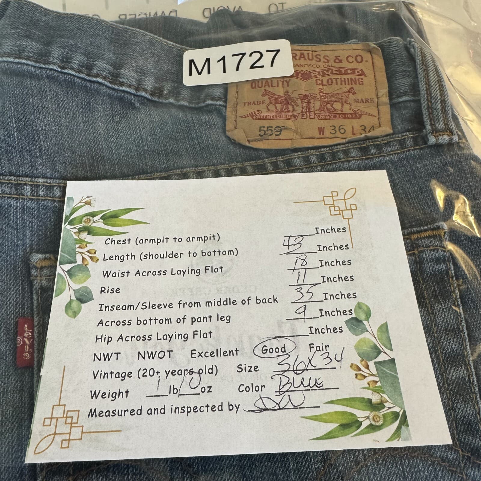 Levi's 559 Men's Jeans 36x34 Blue Denim Relaxed Fit Mid-Rise Straight Leg - Thumbnail 11