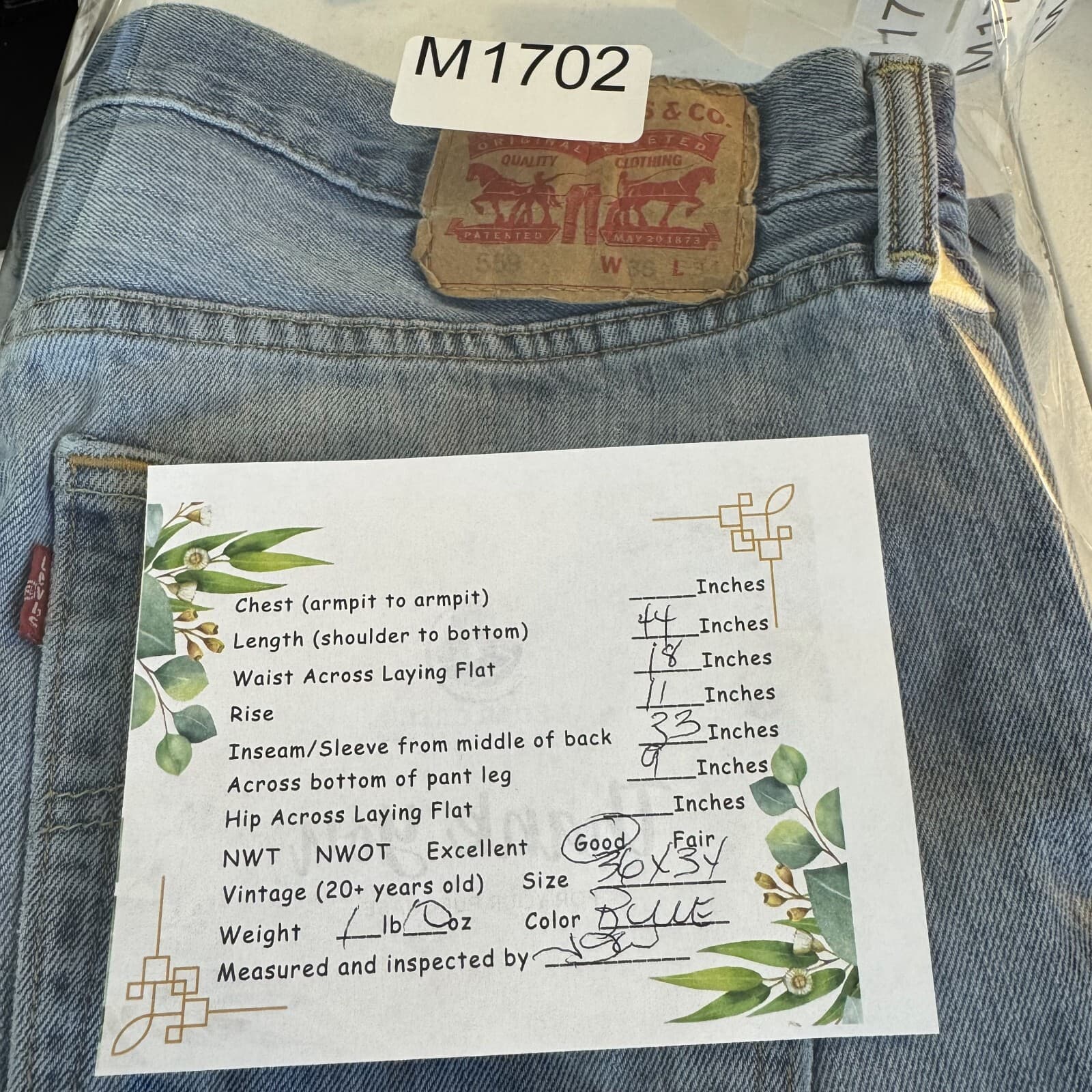 Levi's 559 Men's Jeans 36x34 Blue Denim Mid-Rise Medium Wash Straight Leg - Thumbnail 8