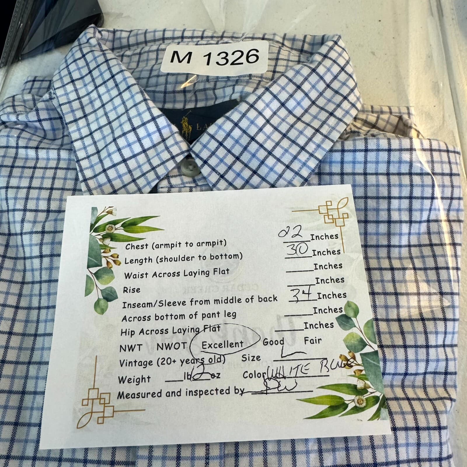 Ralph Lauren Men’s Button Down Shirt Large Blue Plaid Stretch Oxford Slim Fit - Thumbnail 9