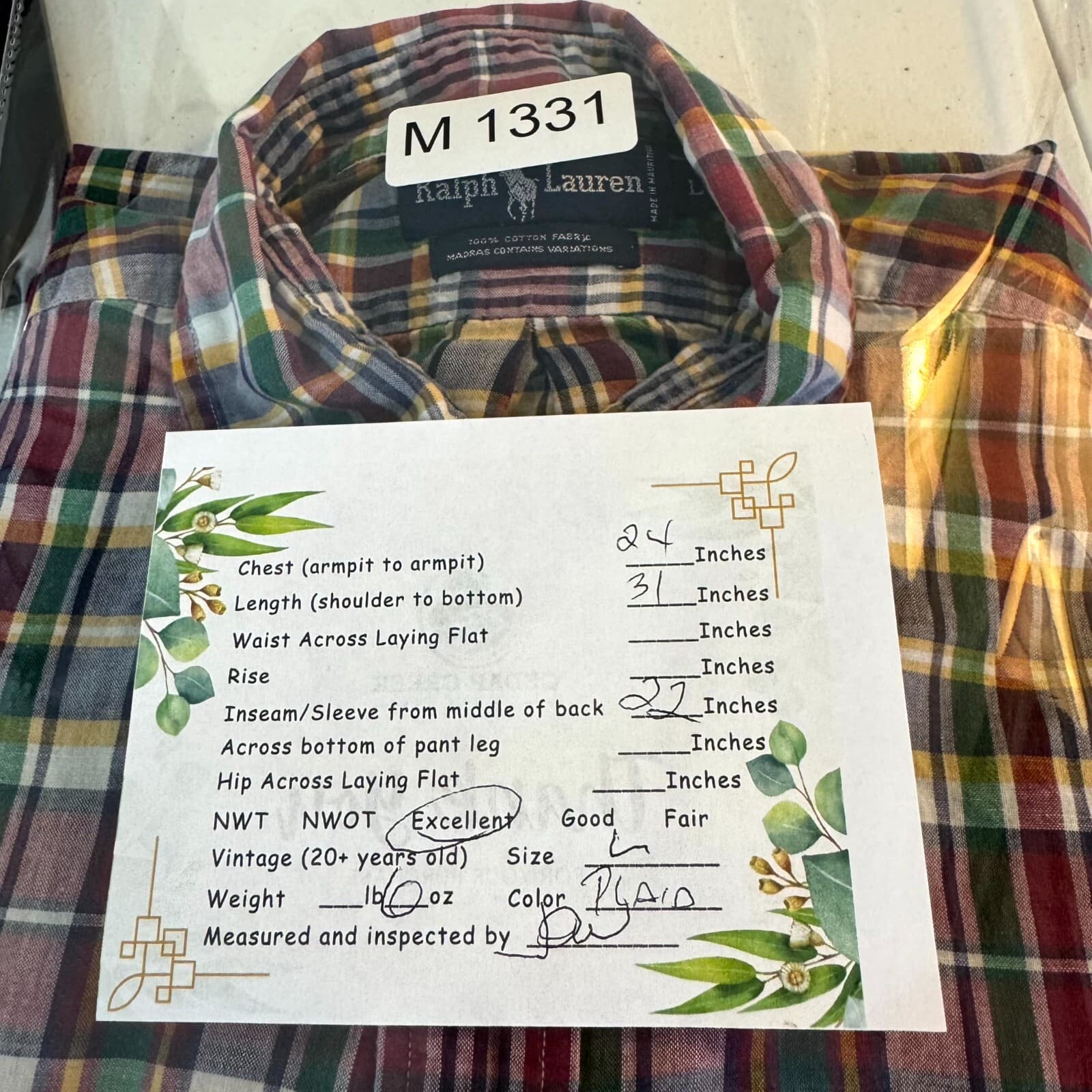 Ralph Lauren Men’s Button Down Shirt Large Multicolor Plaid 100% Cotton - Thumbnail 9