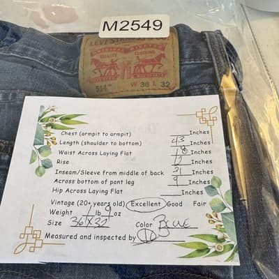 Levis 514 Jeans Mens 36x32 Blue Straight Leg Whiskered 100% Cotton Denim Pants - Thumbnail 9