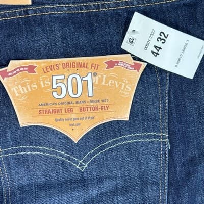 Levis 501 Jeans Mens 44x32 Blue Original Fit Straight Leg Button Fly Denim - Thumbnail 6