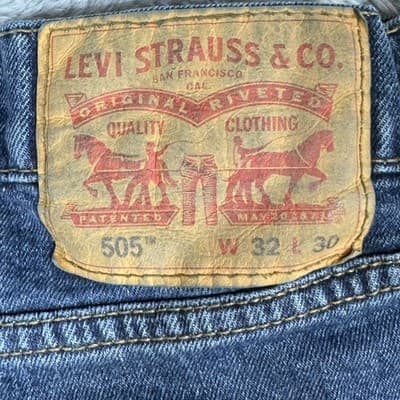 Levis 505 Jeans Mens 32x30 Blue Medium Wash Whiskered Stretch Denim Classic - Thumbnail 3