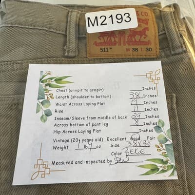 Levis 511 Jeans Mens 38x30 Beige Khaki Slim Fit Stretch Tapered Leg Pants Casual - Thumbnail 8