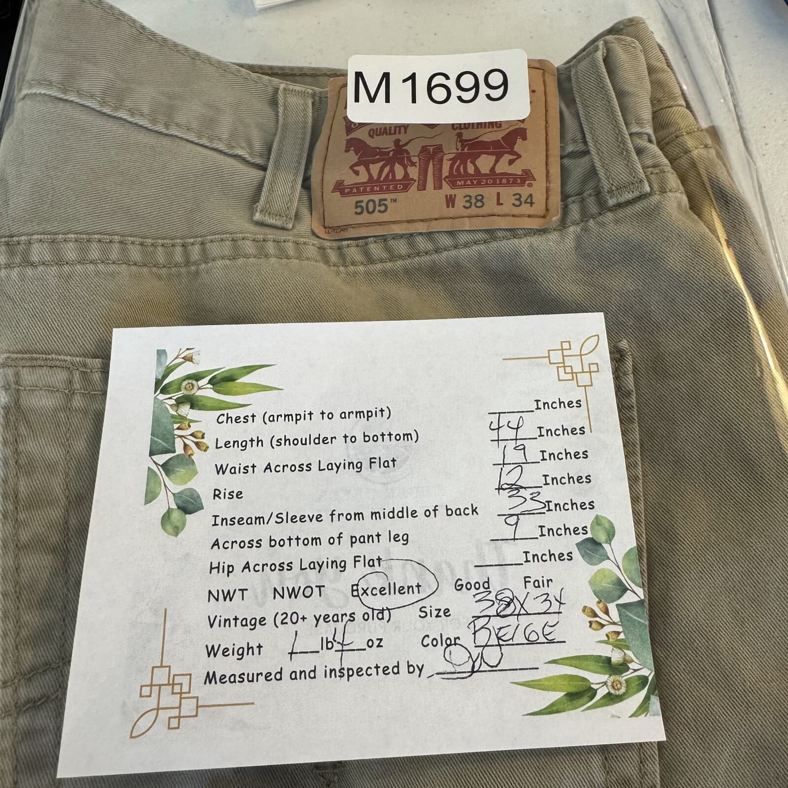 Levi's 505 Men Jeans 38 X 34 Beige Denim Mid-Rise Regular Fit Straight Leg M1699 - Thumbnail 8