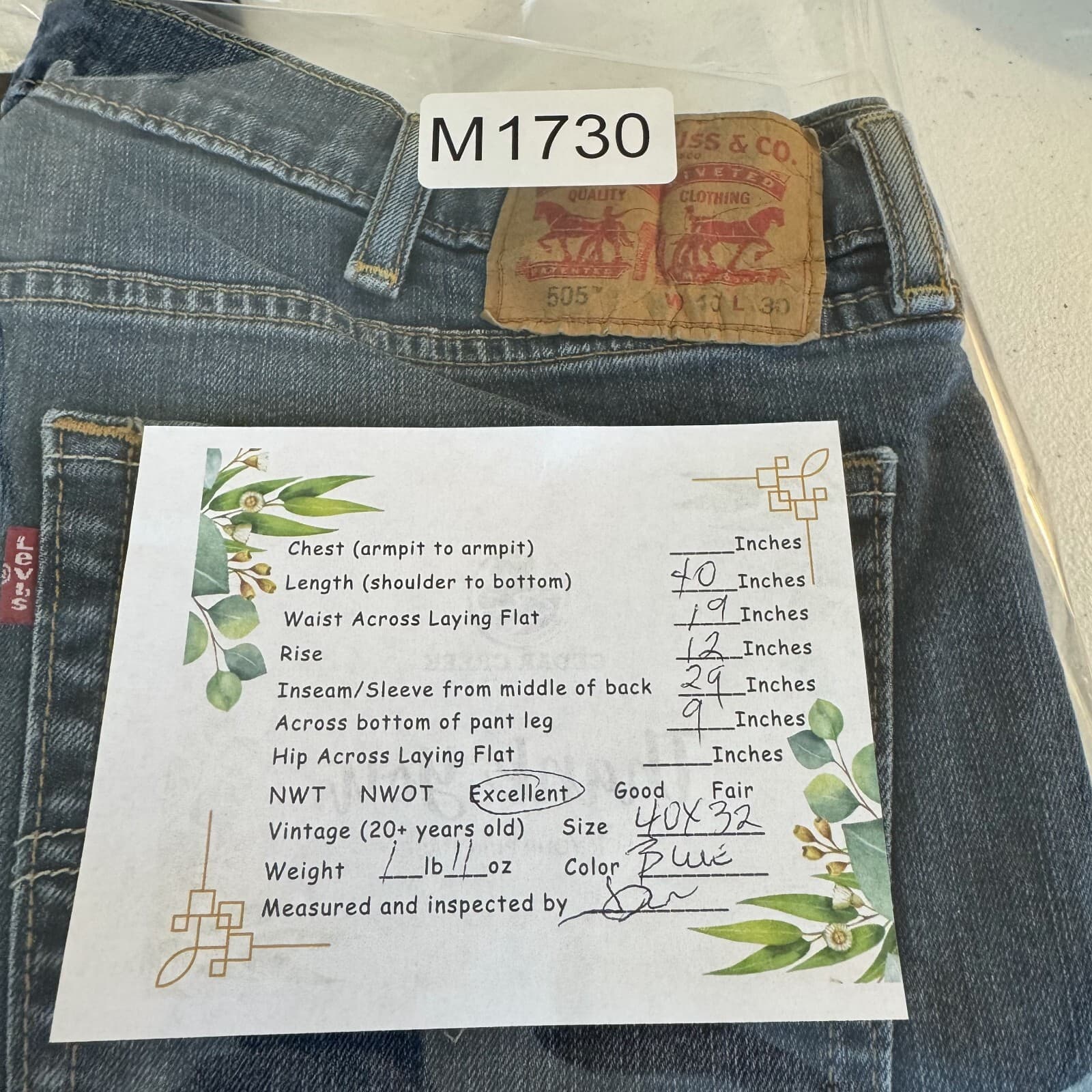 Levi's 505 Men's Jeans 40 X 32 Blue Denim Stretch Regular Fit Straight Leg M1730 - Thumbnail 8