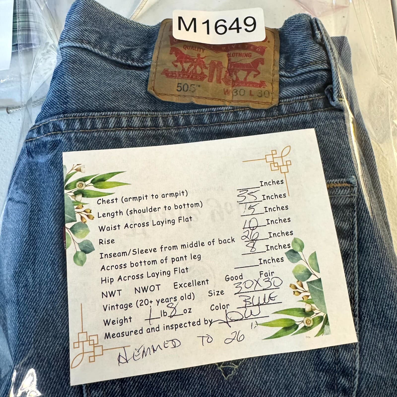 Levi's 505 Mens Jeans 30 X 30 Blue Denim Mid-Rise Regular Fit Straight Leg M1649 - Thumbnail 15