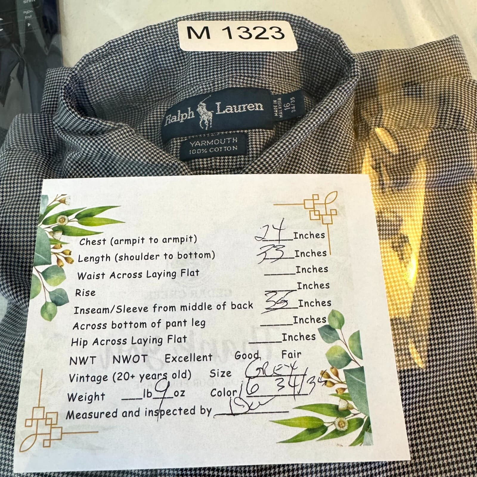 Ralph Lauren Yarmouth Men’s Dress Shirt 16 34/35 Gray Houndstooth Cotton - Thumbnail 9