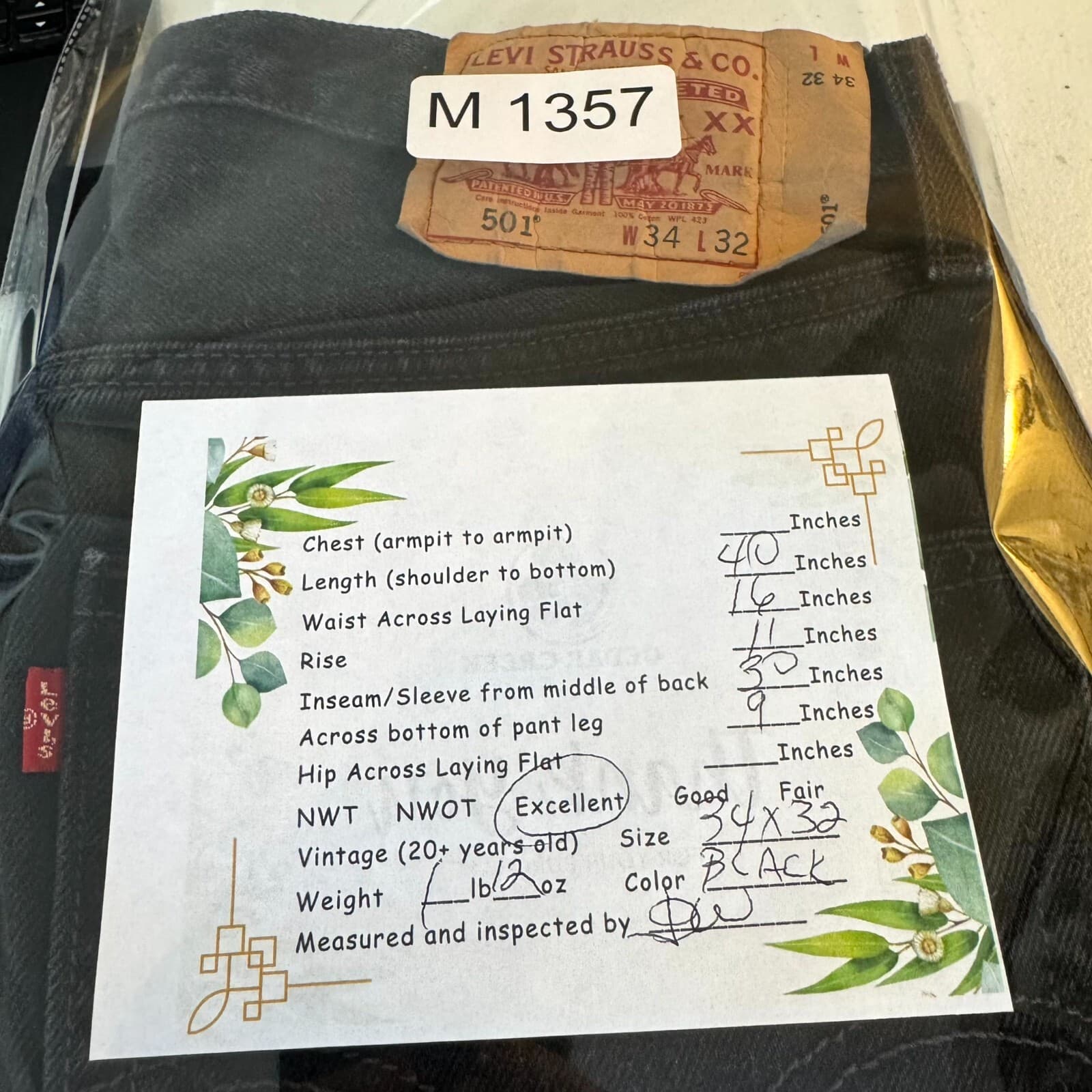 Levi’s 501 Men’s Jeans 38x32 Black Denim Button Fly Straight Leg - Thumbnail 13