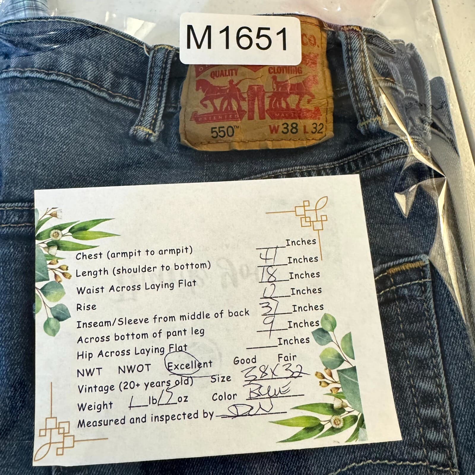 Levi's 550 Men’s Jeans 38 X 32 Blue Denim Stretch Relaxed Fit Straight Leg M1651 - Thumbnail 8