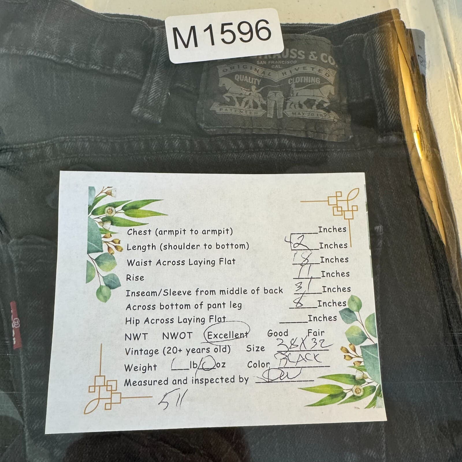 Levi’s 511 Men’s Jeans 38x32 Black Denim Slim Fit Straight Leg Dark Wash - Thumbnail 8