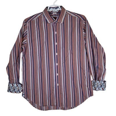 Robert Graham Shirt Mens XL Orange Blue Stripe Long Sleeve Paisley Contrast Cuff - Image 1