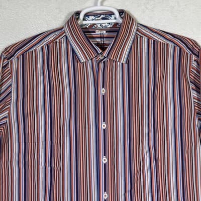 Robert Graham Shirt Mens XL Orange Blue Stripe Long Sleeve Paisley Contrast Cuff - Thumbnail 5