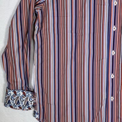 Robert Graham Shirt Mens XL Orange Blue Stripe Long Sleeve Paisley Contrast Cuff - Thumbnail 4
