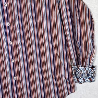 Robert Graham Shirt Mens XL Orange Blue Stripe Long Sleeve Paisley Contrast Cuff - Thumbnail 6