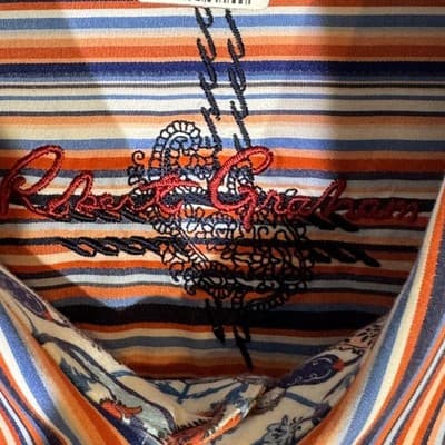 Robert Graham Shirt Mens XL Orange Blue Stripe Long Sleeve Paisley Contrast Cuff - Thumbnail 7