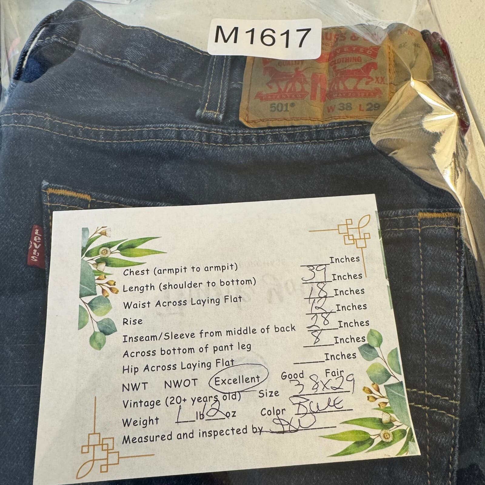 Levi’s 501 Men’s Jeans Blue Denim Straight Leg Button Fly 38x29 - Thumbnail 8