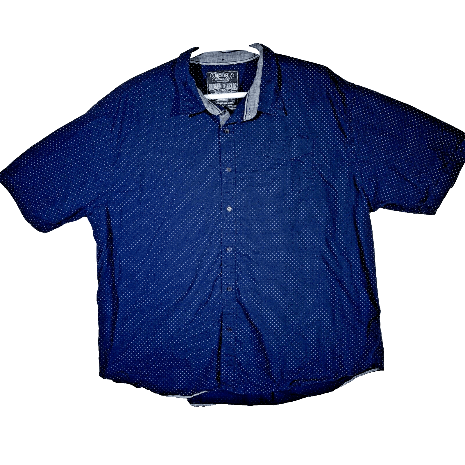 Broken Threads Men's Shirt 4XL Navy Blue Polka Dot Short Sleeve Button-Up Cotton - Image 1